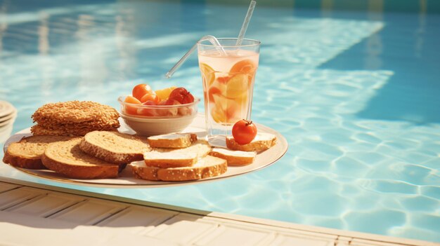 Photo le petit déjeuner flottant à la piscine sur l'eau calme de la piscine guérit