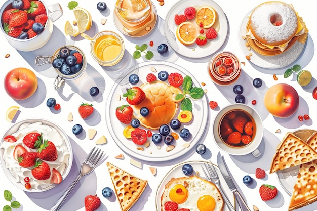 Photo un petit déjeuner frais avec des fruits et des crêpes