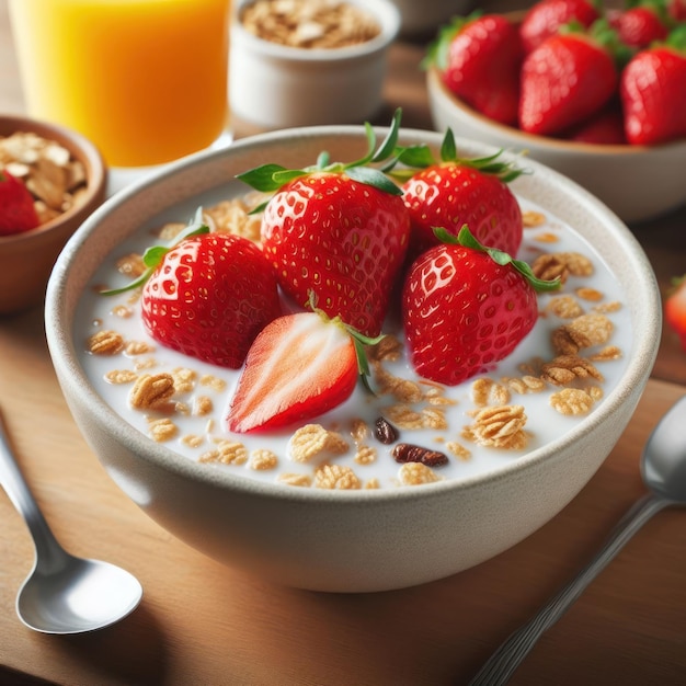 Photo petit déjeuner avec des fraises, des céréales et du jus