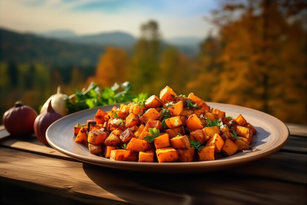 Petit-déjeuner avec hachis de patates douces sur la table en bois le matin d'automne saisonnier