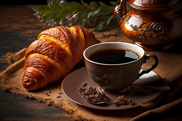 Petit-déjeuner matinal avec café et tasse de croissant au thé noir fort