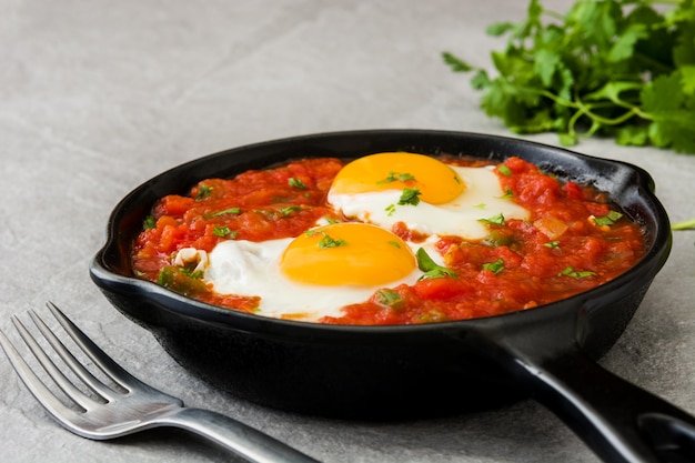 Petit-déjeuner mexicain Huevos rancheros dans une poêle en fer sur pierre grise