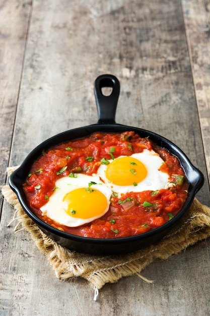 Petit-déjeuner mexicain Huevos rancheros dans une poêle en fer sur table en bois