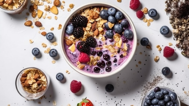 Petit déjeuner avec muesli acai myrtille smoothie fruits sur fond blanc IA générative