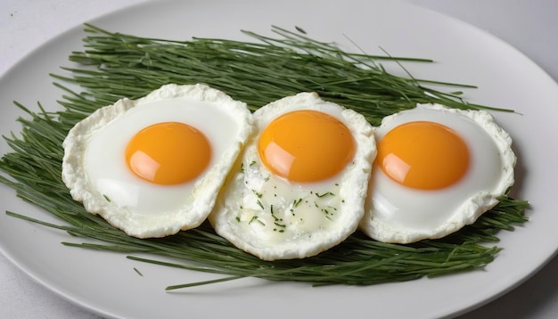 Le petit déjeuner des œufs frits de trois œufs sont saupoudrés d'herbe sur une assiette légère