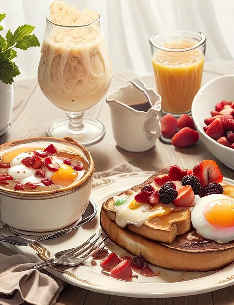 Photo petit déjeuner avec des œufs grillés des baies et de la confiture sur fond de bois