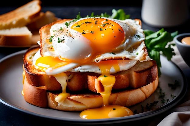 Photo petit déjeuner avec œufs et pain grillé croque madame