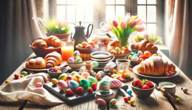 Un petit déjeuner de Pâques rustique avec des pâtisseries fraîches et des œufs peints.