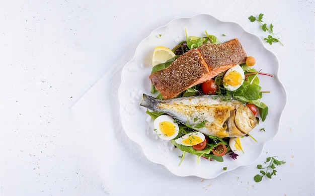 Petit-déjeuner à régime cétogène Saumon salé et salade dorado cuite au four avec des légumes verts tomates œufs et avocado