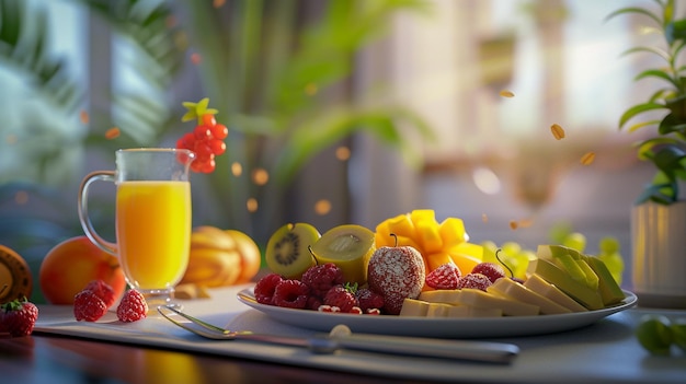 Un petit déjeuner riche en nutriments avec un équipement de remise en forme Un plat de fruits et du jus d'orange