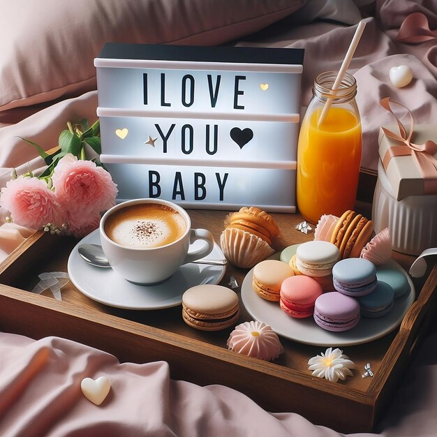 Petit déjeuner romantique au lit avec "Je t'aime bébé" sur une boîte éclairée de jus de café pour la Saint-Valentin.