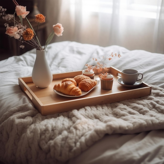 Un petit déjeuner romantique au lit sur un plateau en bois