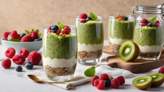 Petit déjeuner sain au pudding de chia avec kiwi et granola dans un verre sur fond blanc