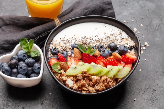 Petit-déjeuner sain avec bol de yaourt granola et baies fraîches