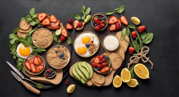 Un petit déjeuner sain avec des céréales entières, des œufs et des fruits frais mûrs