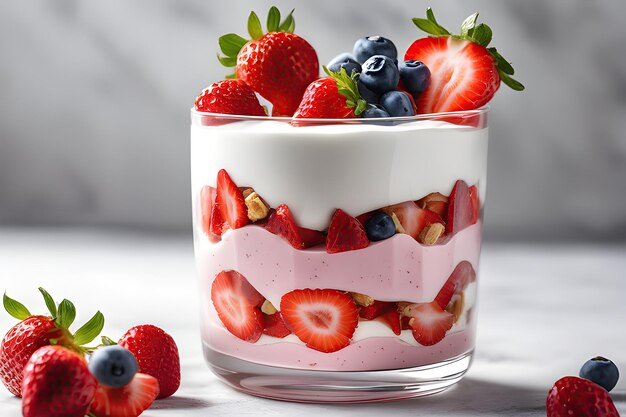 Petit-déjeuner sain composé de parfaits aux fraises à base de yaourt aux fruits frais et de granola sur une table blanche rustique