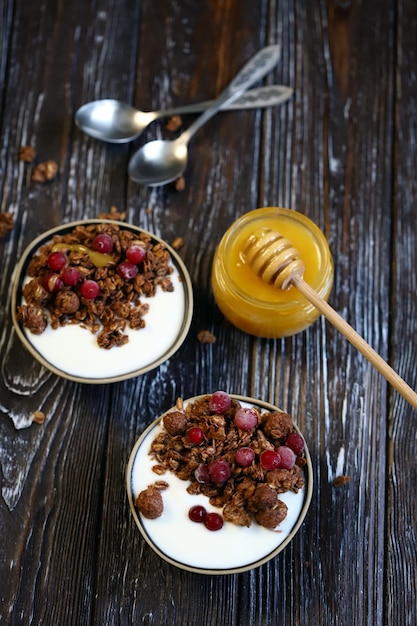 Petit-déjeuner sain Croquants au chocolat avec miel de yaourt et baies