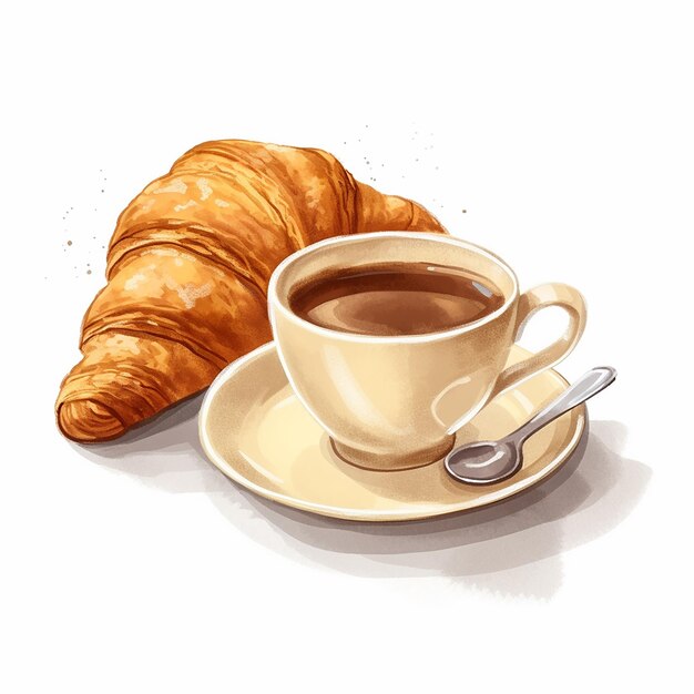 Un petit déjeuner sain Un délicieux croissant avec du thé