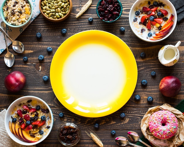 Petit-déjeuner sain avec du lait, du muesli et des fruits