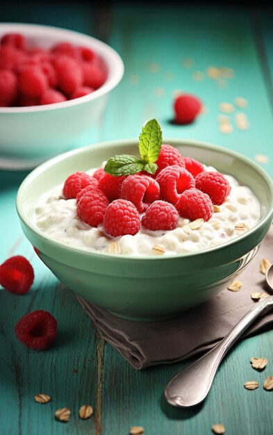 petit déjeuner sain avec du muesli et des framboises