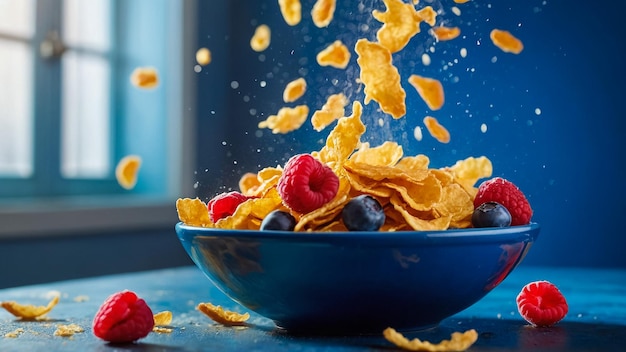 Un petit déjeuner sain avec des flocons de maïs volants des fraises et des bleuets tonifiant fo sélectif