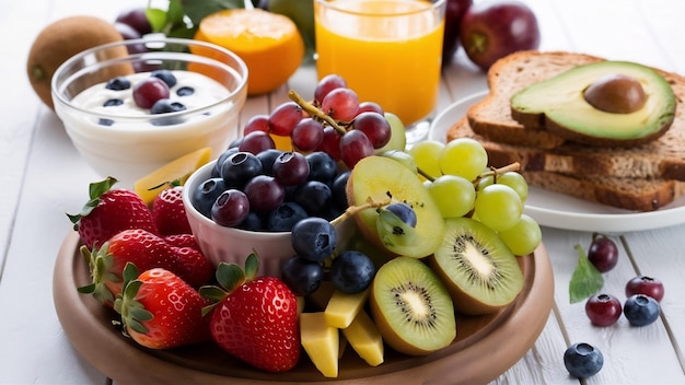 Un petit déjeuner sain avec des fruits sur fond blanc