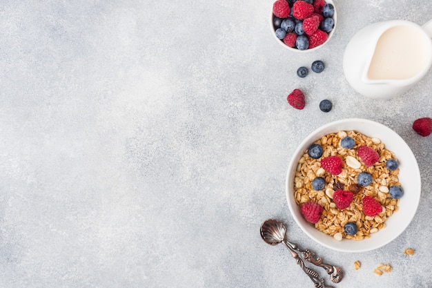 Petit-déjeuner sain. Granola fraîche, muesli avec du yaourt et des baies sur fond gris.