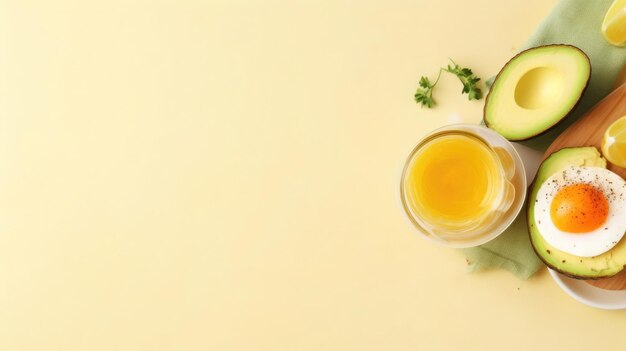 Un petit déjeuner sain avec un œuf bouilli à l'avocat et de l'huile d'olive sur un fond jaune pastel