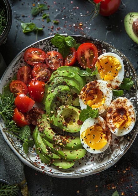 Photo un petit déjeuner sain avec des œufs d'avocat et des tomates