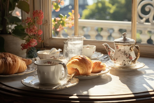 Un petit déjeuner sain avec des pâtisseries aux fruits et des boissons sur une table en bois avec un croissant AI généré