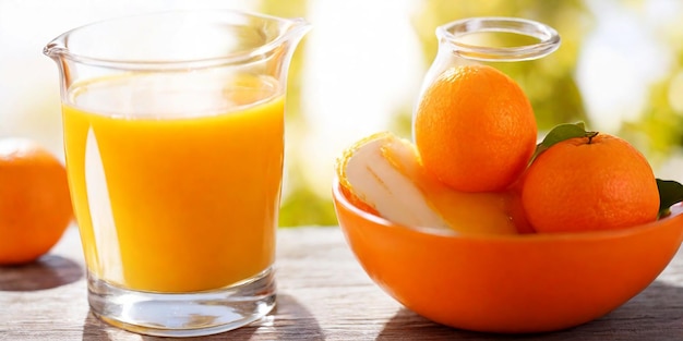 Un petit déjeuner sain avec un pot de jus d'orange au soleil.