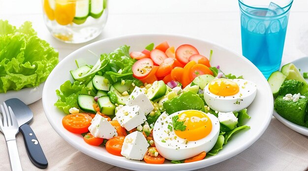 Petit-déjeuner sain Salade avec des oeufs de fromage feta concombre et carotte Alimentation saine et équilibrée