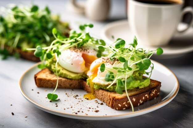Petit-déjeuner sain, sandwichs aux œufs d'avocat, café, toasts à grains entiers, œufs au plat, micropousses biologiques
