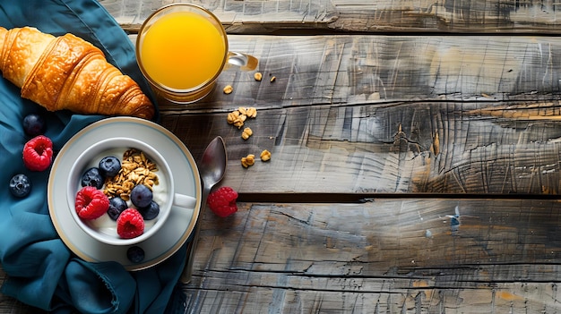 Un petit déjeuner sain sur une table en bois rustique avec des baies et du jus. Un repas du matin frais. Un concept d'alimentation simple et nutritif.