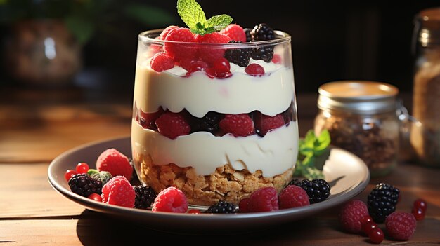 Un petit déjeuner sain Yogourt avec granola et baies