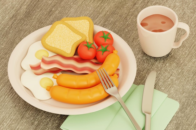 Petit déjeuner avec des saucisses à œufs et du bacon, du pain grillé, des tomates et une tasse de boisson sur une table en bois.