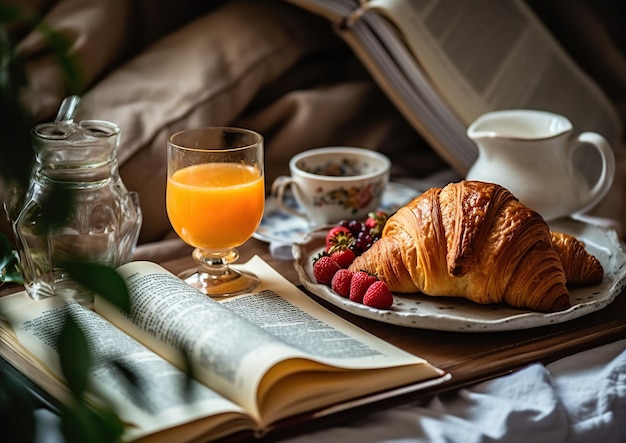 Petit-déjeuner savoureux au lit avec croissants fruits et jus Generative AI