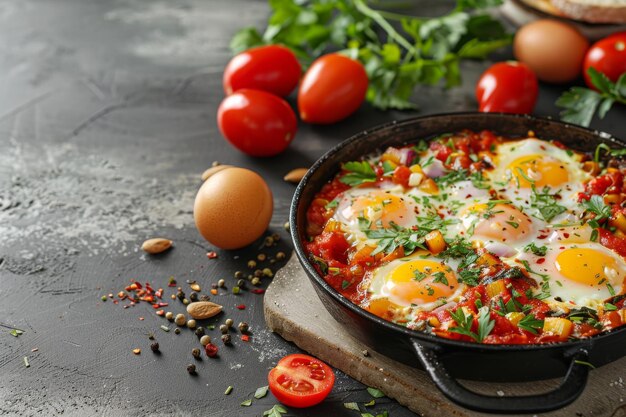 Photo le petit déjeuner de shakshuka les légumes sains le shakshuka avec des œufs l'espace de copie traditionnel d'israël