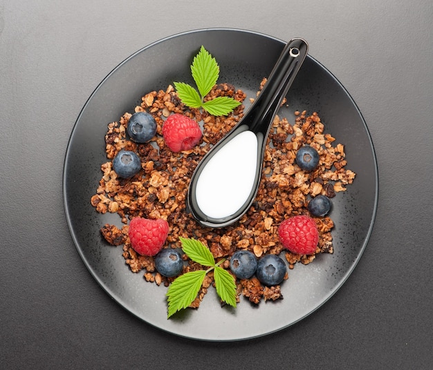 Petit-déjeuner Super Foods Granola au chocolat avec baies et lait