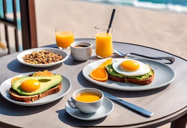 Photo petit déjeuner sur une table avec une assiette d'avocats et d'avocat