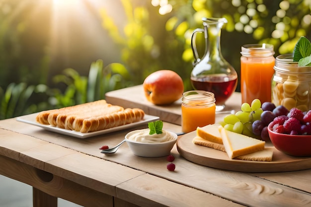 petit déjeuner sur une table avec des fruits, du pain et du jus