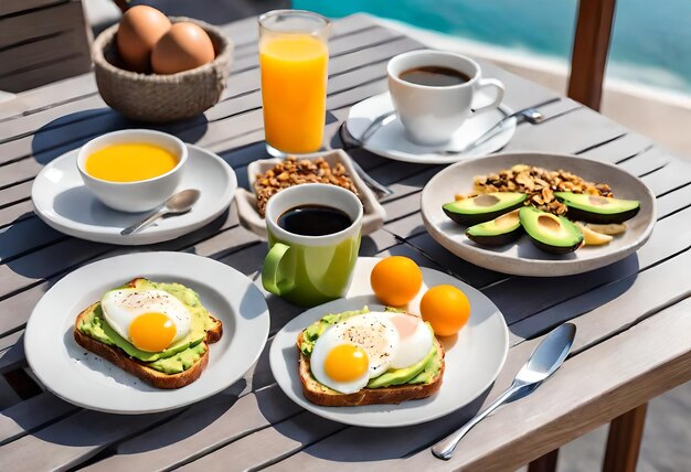 petit déjeuner sur une table avec des œufs café café et café