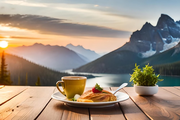 Petit-déjeuner sur une table avec une tasse de café et une vue sur les montagnes