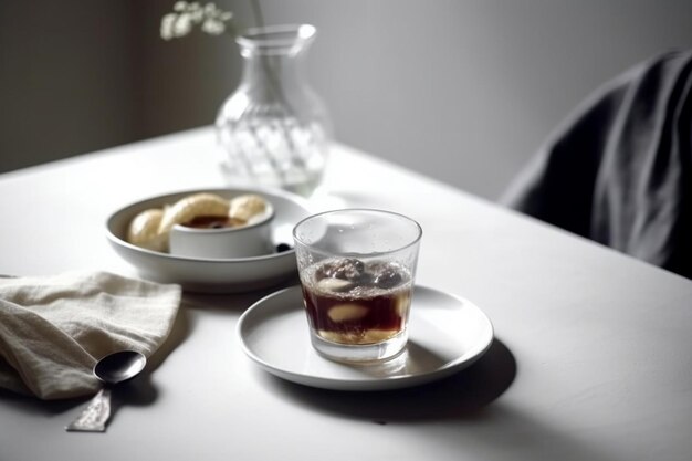 petit déjeuner sur la table verre à thé tons blancs minimaliste