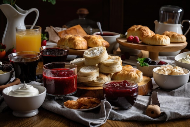 Petit-déjeuner à tartiner avec de la confiture de scones et de la crème créée avec une IA générative