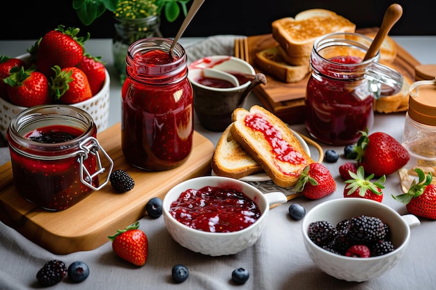 Petit-déjeuner à tartiner avec des toasts de fruits frais et un pot de confiture de fraises créé avec une IA générative