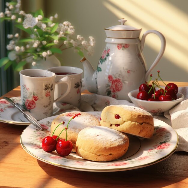 Photo petit-déjeuner avec une tasse de thé et des gâteaux sur une table en bois