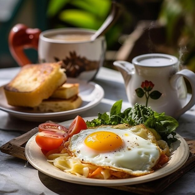 Petit-déjeuner avec des tomates cerises aux épinards aux œufs frits et du café sur une table en bois