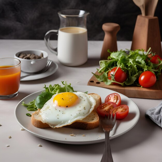 Petit-déjeuner traditionnel avec des œufs au plat, des toasts et de la salade sur l'assiette générée par l'IA