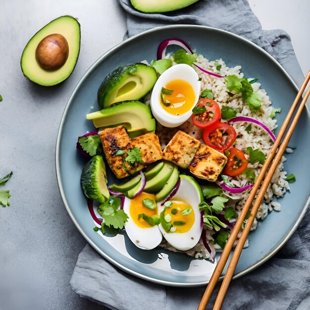 Photo petit déjeuner traditionnel avec des œufs frits, du pain grillé et de la salade sur l'assiette générée par l'ia